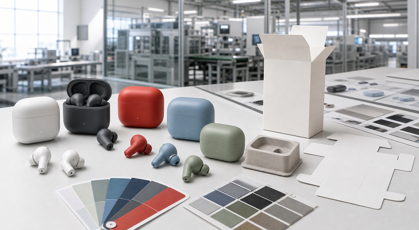 Étude de couleurs, finitions et packaging pour écouteurs TWS private label